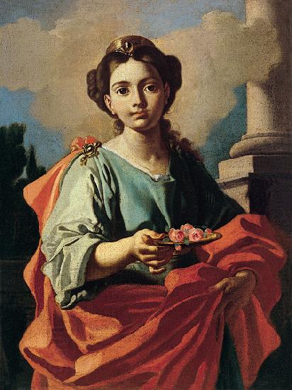 Giacomo Cestaro A female Saint holding a plate of roses oil painting picture